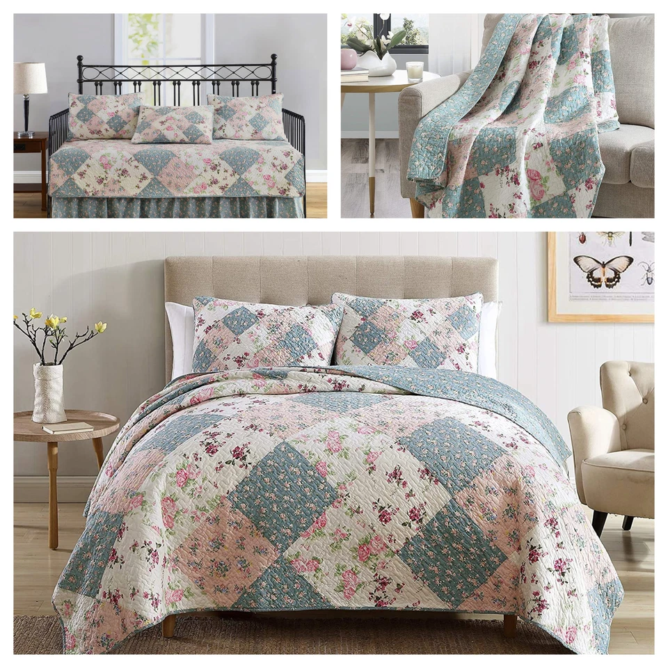 Juego de edredón de algodón prelavado Shabby Chic floral retazos Foto 2 de 4