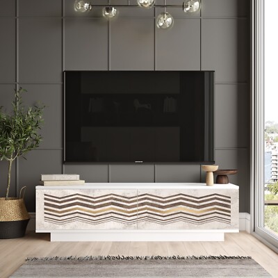 Fonda TV Unit Stand White Entertainment Center Console with Storage Shelves & Do