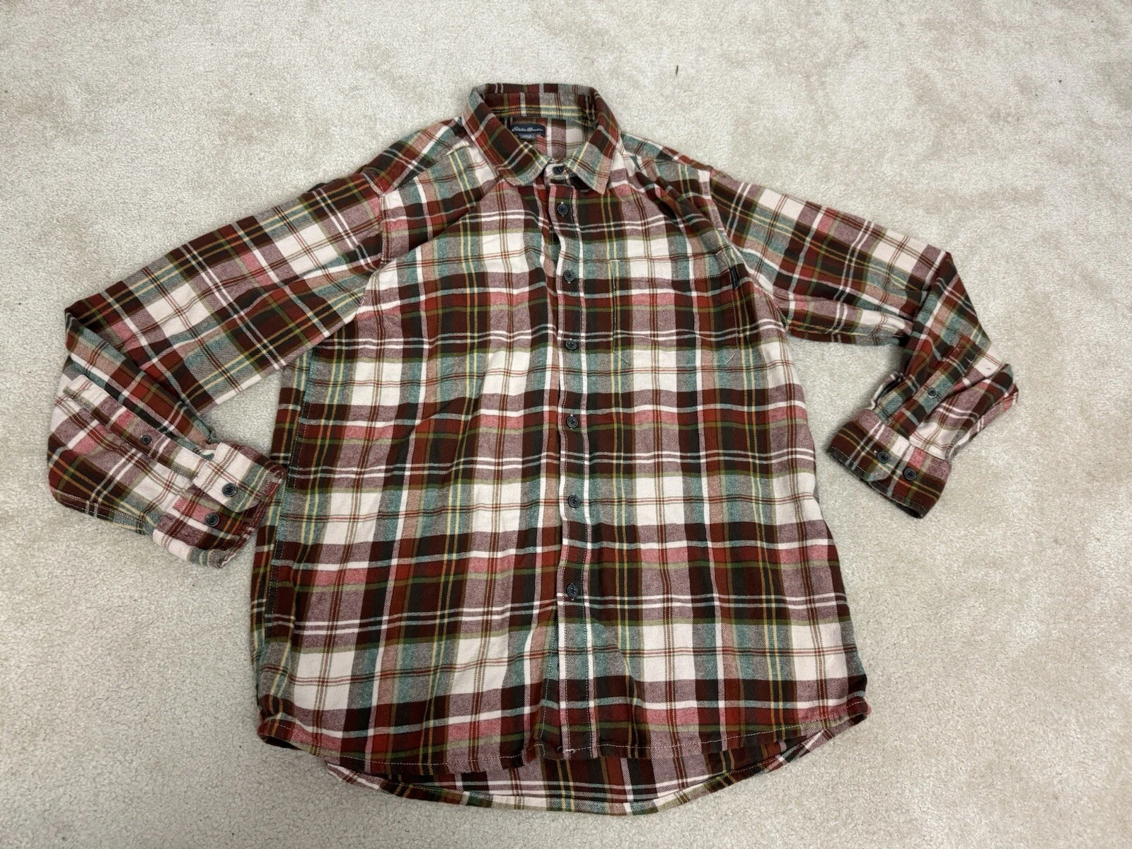 Eddie Bauer Shirt Mens Large Red Beige Button Up Cotton Plaid Flannel Outdoor