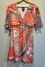 Colorful Multi Pattern 100% Silk Tie Waist V Neck 1/2  Sleeve Dress Jax Sz 10