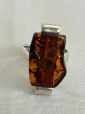 VTG Sterling Silver - POLAND Modern Baltic Amber Ring Size 8 Hand Made