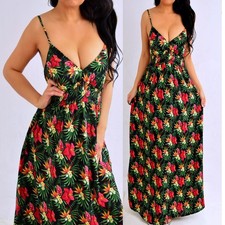 Black Red Green Yellow Floral Empire Strappy Long Maxi Dress L Large NEW