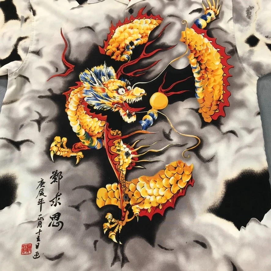 Camisa Dragão Masculina Vintage Y2K M Koman AOP Asiática Botão para Cima Clube Hip Hop Baggy - Imagem 2 de 4