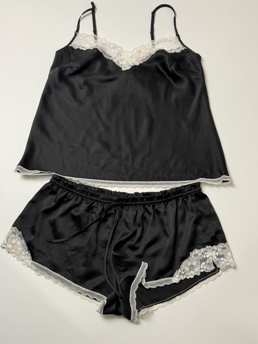 Victoria’s Secret Sexy Satin Lace Cami Top Shorts Pajama Set M Black White 2015