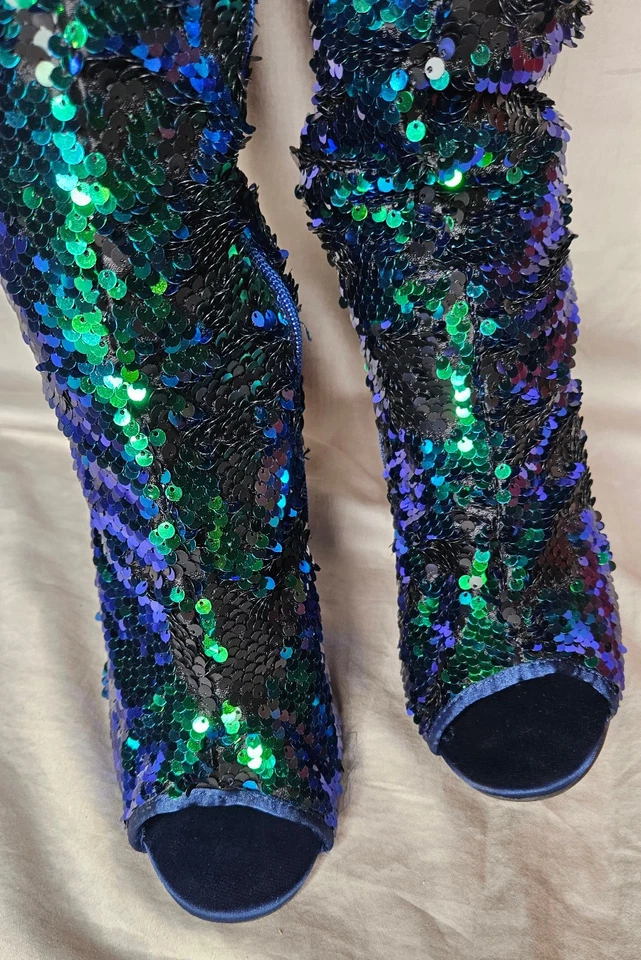 Botas Camssoo Sobre la Rodilla Sirena Lentejuelas Mujer 10 Verde Azul Punta Abierta Stiletto Foto 4 de 4