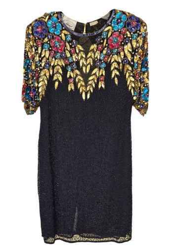 Vintage Black Silk Beaded Dress Jewel Tone Sequins Open Back Cocktail Size M - Picture 1 of 10