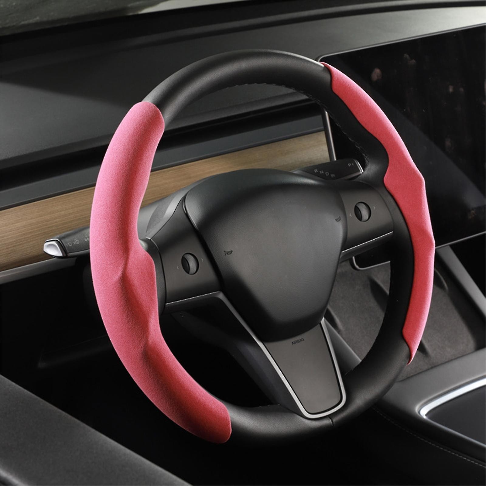 Ultra-Thin Red Suede Tesla Steering Wheel Cover - Fits Model 3/Y/S, Non-Slip Red