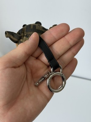 Fendi Roma FF Monogram Dog Keychain Bag Charm Brown Canvas Leather