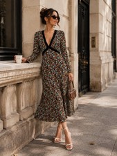 RIXO Tania Black Floral Long Sleeve V Neck Midi Dress Size 4