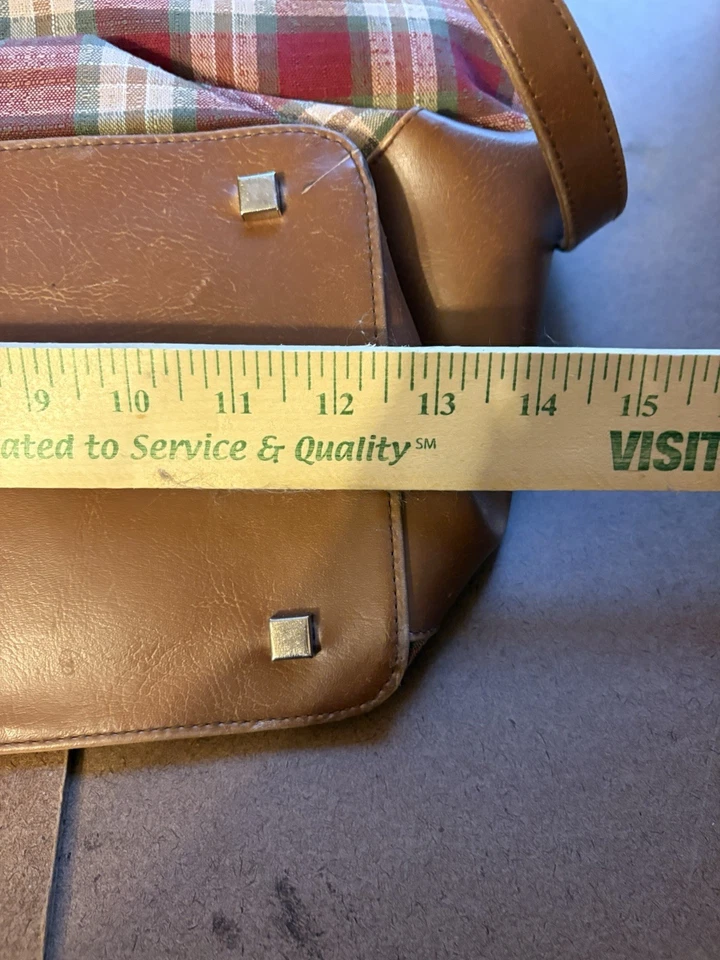 👜 Cartera de Mano Longaberger de Tela a Cuadros y Cuero - Rojo Verde Tostado - 13” x 10” Foto 4 de 4