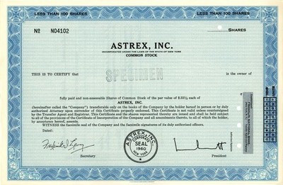 Astrex, Inc. - Specimen Stocks & Bonds
