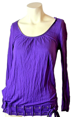 Cache Purple Ruched Lace-Up Waist Top XS Long Sleeve Rayon Blouse Y2K
