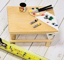 Dollhouse Miniature Wood Art Table With Paint Brushes 1:12 Scale 