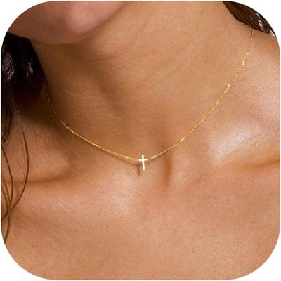 Easter Basket Stuffers - Cross Necklace for Women 18K Gold Plated Cross Necklace