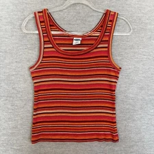 Vintage Old Navy Womens Y2K Ribbed Knit Tank Size L Striped Preppy Red Orange