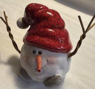 Melrose International Ceramic Snowman Figurine W/Santa Hat & Wiry Stick Arms