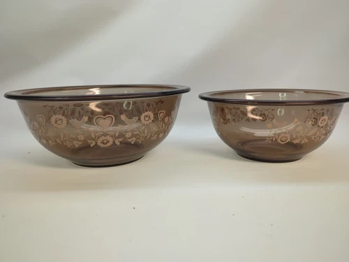 Pyrex Glass Mixing Bowls No. 322 and 323 Hearts Birds Vine Flowers Leaves