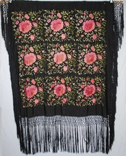 VINTAGE LARGE FLORAL SILK FRINGED PIANO SHAWL, 1920s