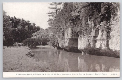 Vintage White Pines Forest State Park IL Overhanging Rocks Bridge Postcard BB512