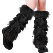 Faux Fur Leg Warmers with Strap Fuzzy Plush Winter Boots Heels Cuff Cover Black