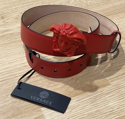 Versace Men's Medusa Head Buckle Canna Red Leather Belt Sz 42/105
