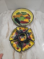 Talavera Mexican Pottery Signed 7 Piece Serving Platter Colorful Fruit Heavy 11"
