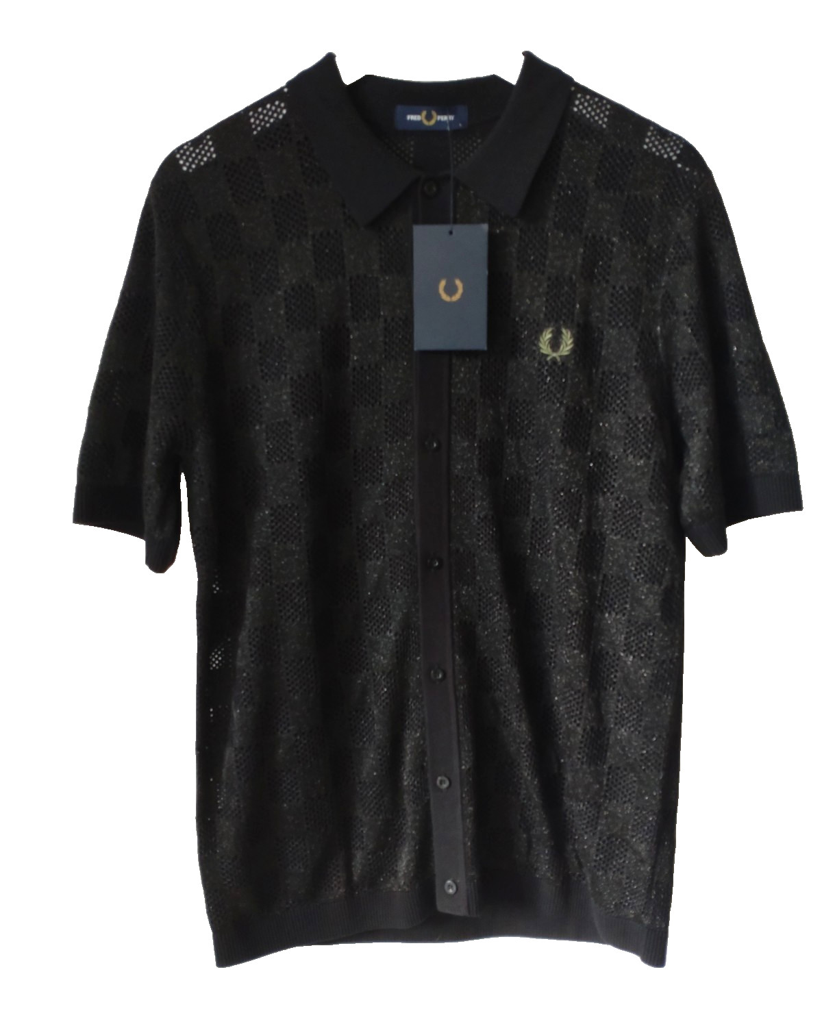FRED PERRY * BNWT * SIZE L BLACK METALLIC CHEQUERBOARD KNITTED TOP RRP £140