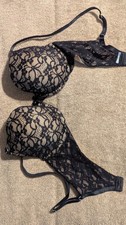 Aerie Sofie Lace Overlay Padded T-Shirt Bra 32C Adjustable Straps Black/Beige