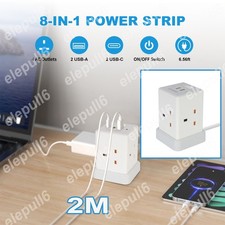 NEW Tower Extension Lead 4 Ways+4 USB Plug Power Strip Electric Charging Station