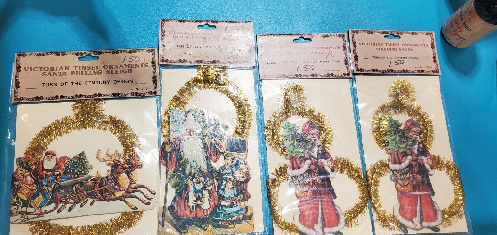 4 Victorian Tinsel Christmas Ornament  Santa Claus Reindeer Die cut Vintage 1980