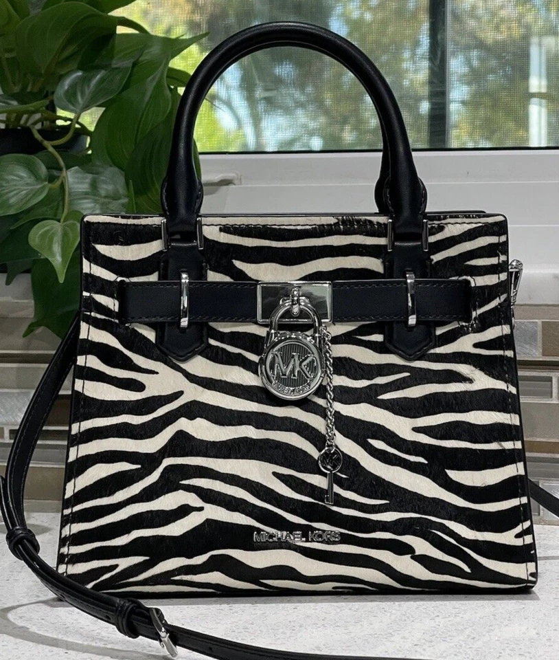 MICHAEL KORS HAMILTON SMALL SATCHEL KEY LOCK CROSSBODY BAG ZEBRA MK BLACK WHITE - Image 3 of 4