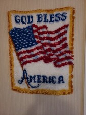 Finished latchhook with flag, rug/hanging "God bless America" 20"x26" used