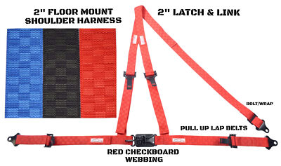 2'' LATCH & LINK Y FLOOR MOUNT HARNESS 3 POINT PULL UP LAP BELTS RED CHECKERBOARD