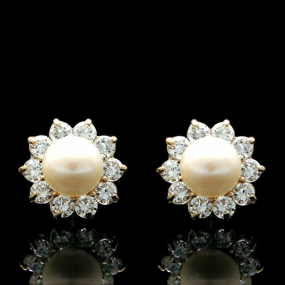 1 克拉钻石光环珍珠耳环 14k 黄金花朵耳钉螺丝背 — 第 4/4 张图片