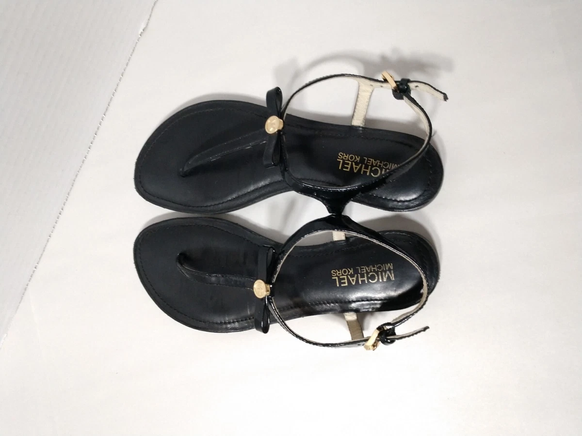 Michael Kors Thong T Strap Sandals Black Patent Leather with Bow