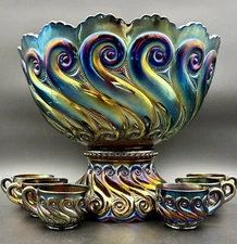 *RARE* Absolutely Flawless Dugan 8-piece S-Repeat Carnival Glass Punch Bowl Set