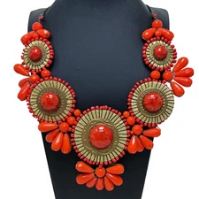 Vintage Zad Bohemian Romance Coral Color Gold Tone Statement Necklace