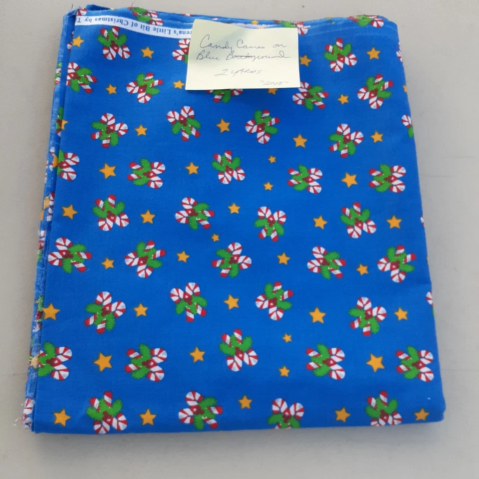 Sewing Fabric Christmas Tied Candy Canes Yellow Star Crafts Quilting 2 yds x 45" - Image 3 of 4