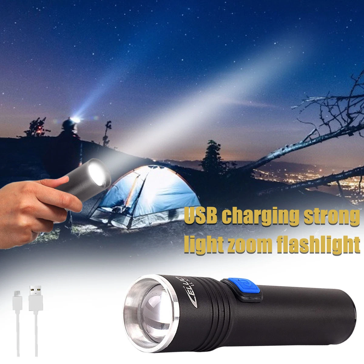 Strong Light Long Range Flashlight Telescopic Zoom USB