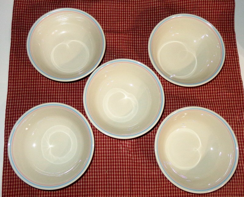 5 CORELLE BLOSSOMS IN LACE SOUP CEREAL BOWLS BEIGE WITH PINK BLUE stripes 6-1/4