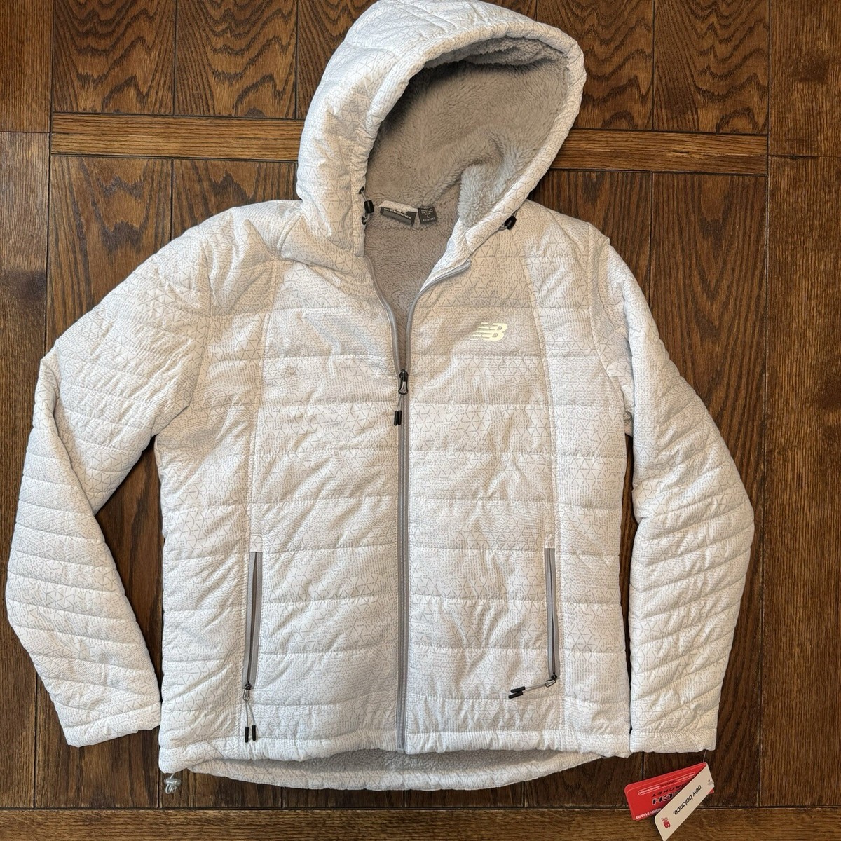 New Balance Puffer Tech Hooded Sherpa Lined Jacket Womens Large White Gray  New
