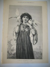 1874 Les Pigeons Blancs Woman Pigeons E.V. Lecomte Wood Engraving PRINT