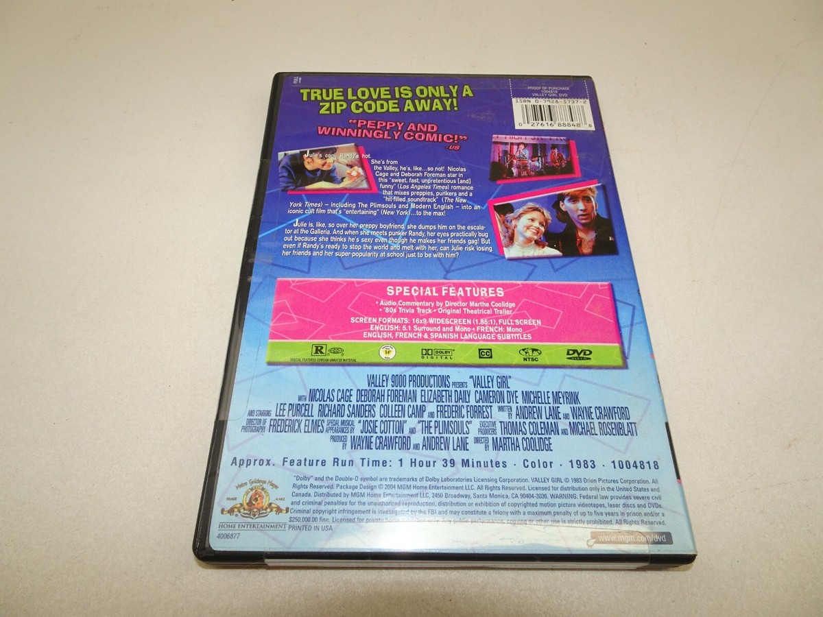 Valley Girl DVD Movie Nicolas Cage Deborah Foreman 1983 2004 | eBay