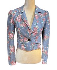 Free People Cropped Blazer Jacket Blue Denim Romantic Floral Women s Size 4