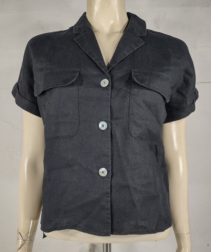 NWT Tahari black 100% Linen short sleeve button front shirt blouse womens Medium