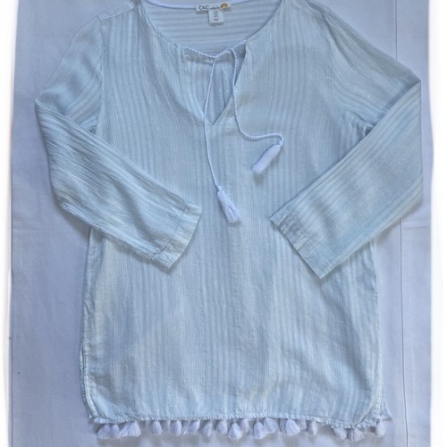 C&C California Linen Blend Lightweight Tunic Top Coverup M White Blue - Picture 3 of 8