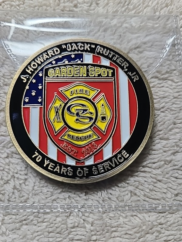 FIRE & RESCUE J. HOWARD RUTTER Jr GARDEN SPOT 70 YEARS OF SERVICE Challenge Coin