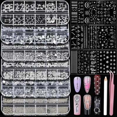 Teentior Nail Charms and Gems Silver Rhinestones for Nails with 15 Sheets Nai...