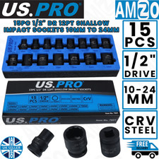 US PRO 15PC 1/2" Drive 12PT Shallow Impact Socket Set 10-24mm Metric Crv - 7601