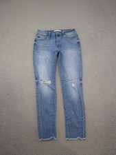 Kancan Women's Distressed Blue Stretch Denim Skinny Jeans Size 28 Raw Hem
